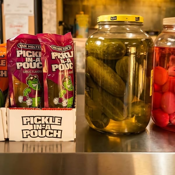 Pickle in a Pouch snacks and large jars of pickled cucumbers and red eggs on a counter.
