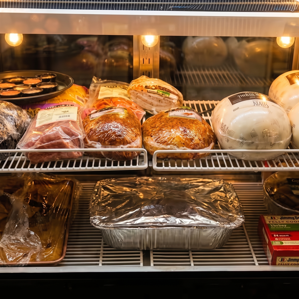 A refrigerated display case filled with packaged meats, including hams, and foil-covered trays.