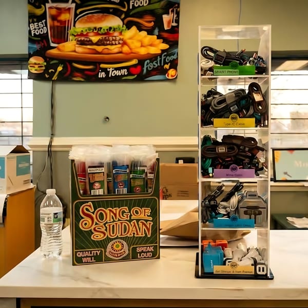 A counter with a "Song of Sudan" display, a water bottle, and a clear stand of electronic accessories.