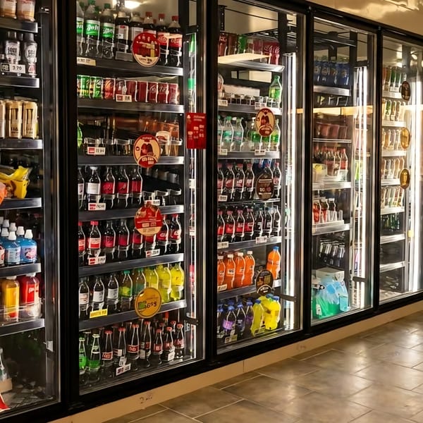 A row of refrigerated display cases filled with various bottled and canned beverages.