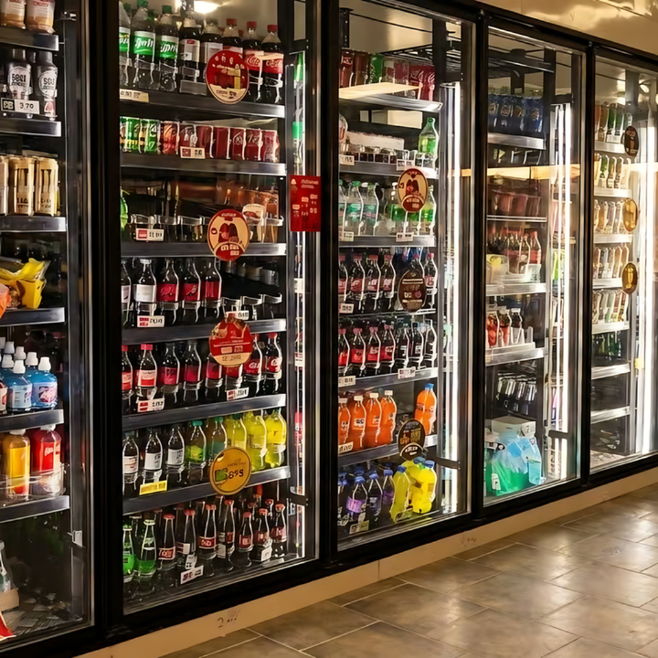 A row of refrigerated display cases filled with various bottled and canned beverages.