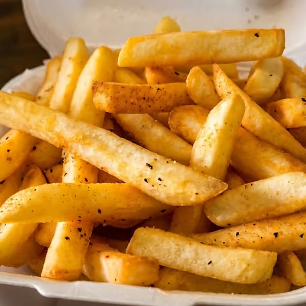 Close-up of golden, seasoned french fries in a white takeout container.